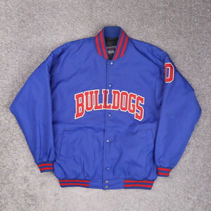 Vintage Bulldogs Satin Bomber Youth Large Blue Red Long Sleeve Snap Jacket